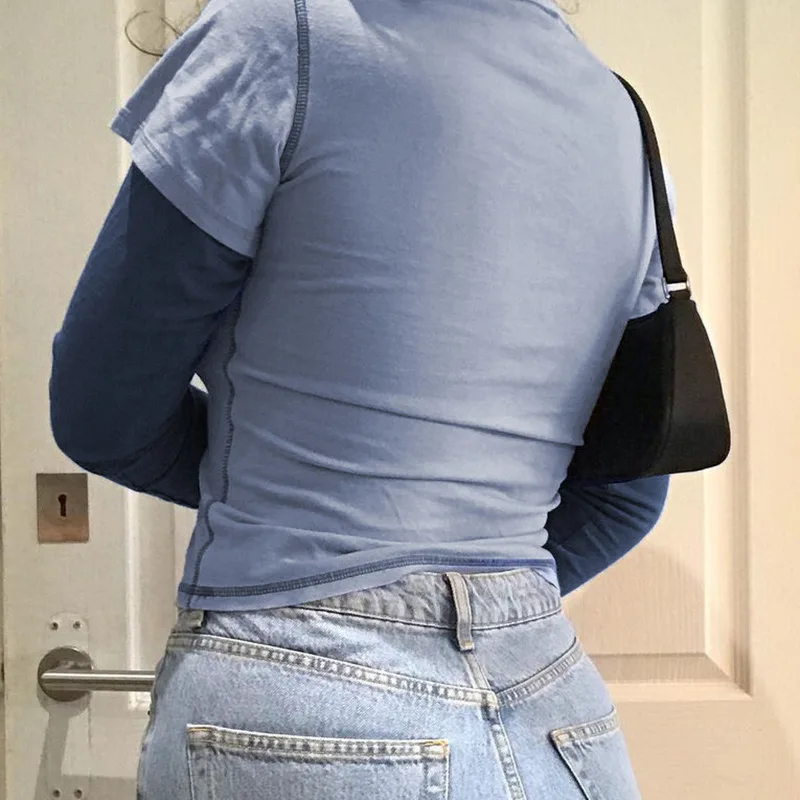 

Fake Two-piece T-shirt Women Spring 2021 New Girly Daisy Print Round Neck Long-sleeved Bottoming Shirt Top