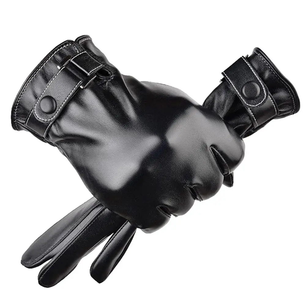 

Men Autumn Winter Solid Color Faux Leather Gloves Touch Screen Plush Lined Mittens Windproof Thermal Warm Touch screen Glove