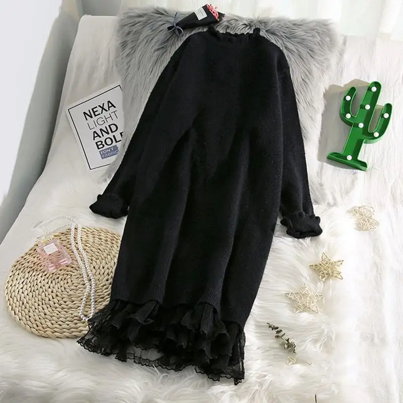 Женское трикотажное платье свитер составного кроя с длинным рукавом|Женские