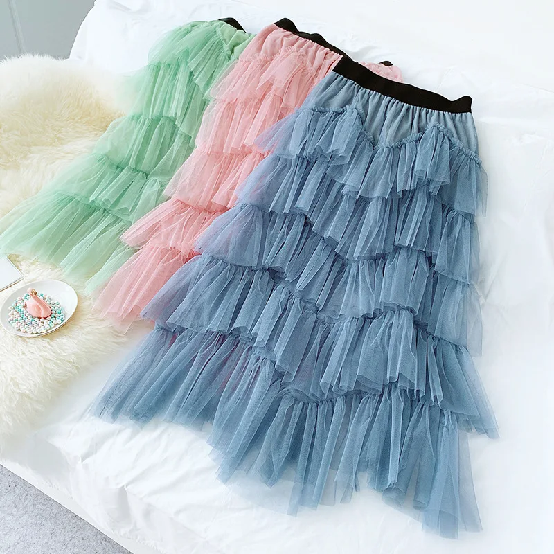 Осенне зимняя длинная юбка новая однотонная сетчатая многослойная пачка милая