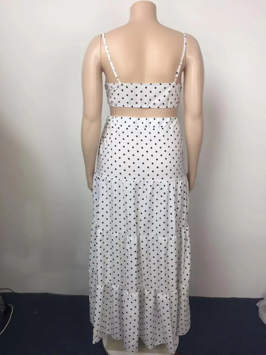 

Street Style Plus Size Fashion Sexy V Neck Solid Color Polka Dot Print Bandage Short Sling High Waist Long Skirt Two Piece Suit