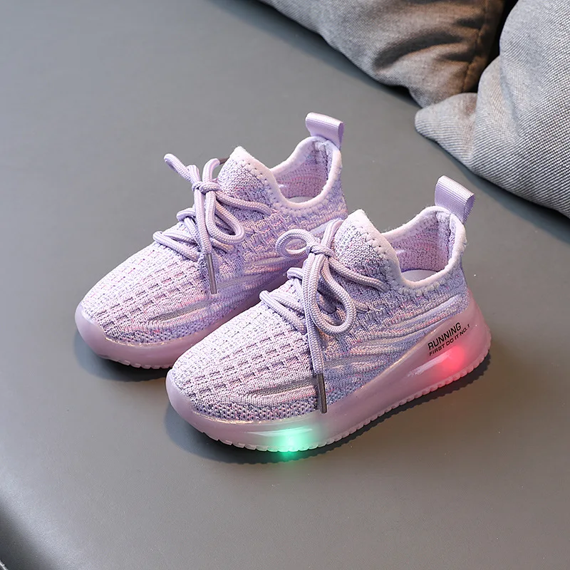

2021 Spring and Autumn New Boys' Breathable Luminous Sneakers Children's Shoes Children's LED Light Knitted Girls' Running Shoes