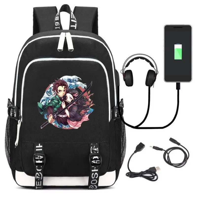 

Black School Backpack Kimetsu No Yaiba Cosplay Backpack Rengoku Kyoujurou Printed USB Rechargeable Demon Slayer Character Print