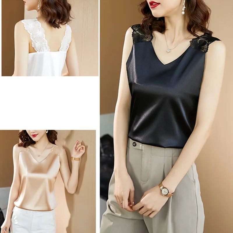

Silk Women Tops Woman Satin Blouses Shirts Sexy Women Silk Lace Blouse Elastic Shirts Woman Satin V-neck Shirt Top Plus Size 5XL