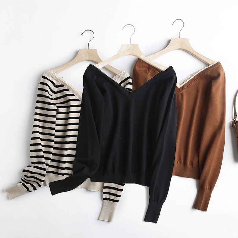 

Autumn Winter Lace Patchwork Sweaters Women V-neck Long Sleeve Slim Sweater Pullover Female 2021 Winter Fashion Ladies Pullovers