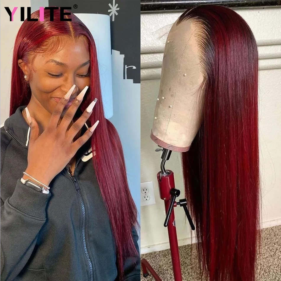 

Straight Malaysian Hair 13x1 T Part Lace Wig 99J Red Burgundy Ombre HD Lace Front Human Hair Wigs Colored Remy Hair Wig 32 Inch