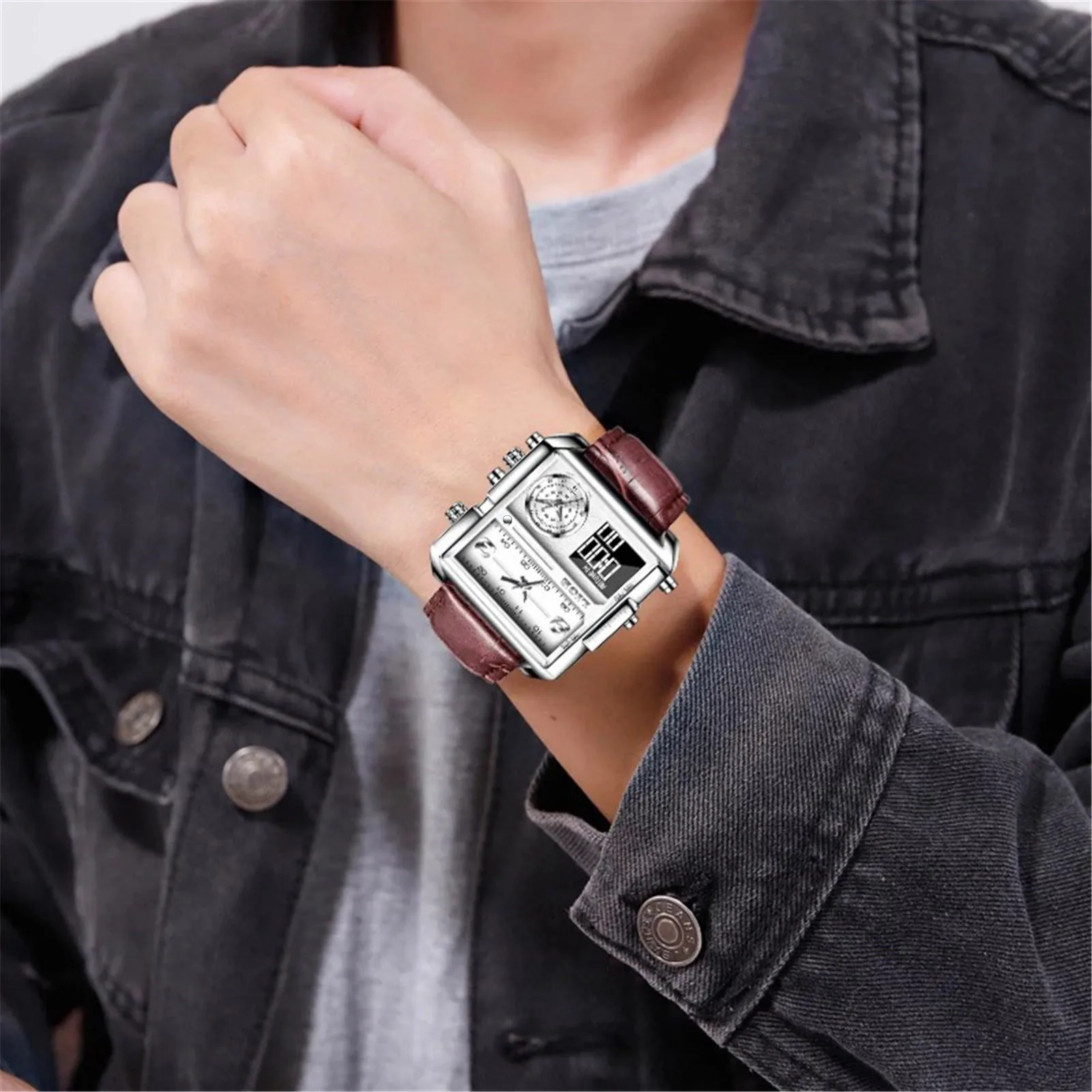 

Fashion Trend mens watch Dual Display Dial With LED Calendar Square Dial digital wristwatches Leather Strap watch for men reloj