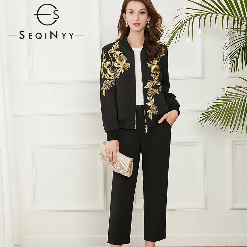 

SEQINYY Casual Jacket Spring Autumn New Fashion Design Women Runway High Quality Beading Embroidery Flowers Golden Vintage Top