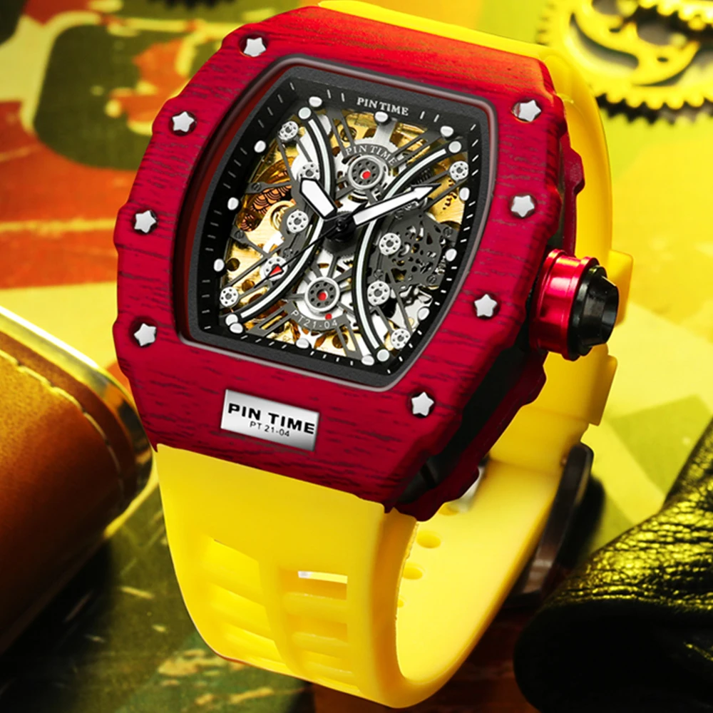 

Top Brand High End Red Watches Waterproof Dive Hollow Tonneau Mechanical Mens Watch Luxury Automatic Date Tourbillon AAA Clocks