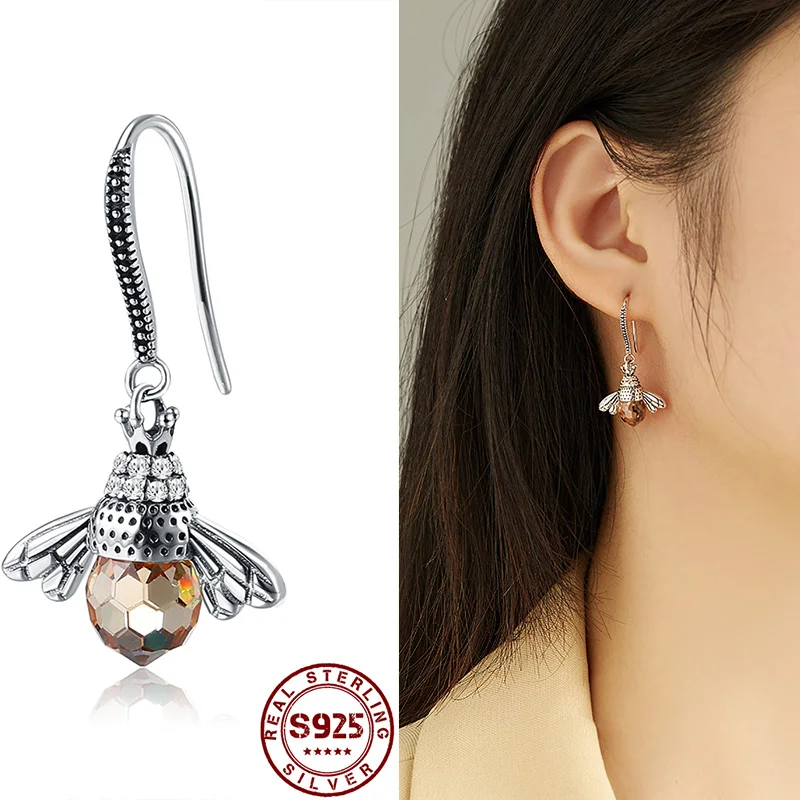 

925 Sterling Silver Earrings Women European and American Style Cute Bee Earrings Animal Earrings Ear Hooks Crystal Jewelry Gift