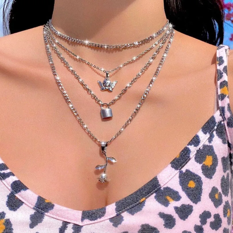 Многослойные женский Ангел замок подвеска Чокер-ожерелье в стиле панк розовое