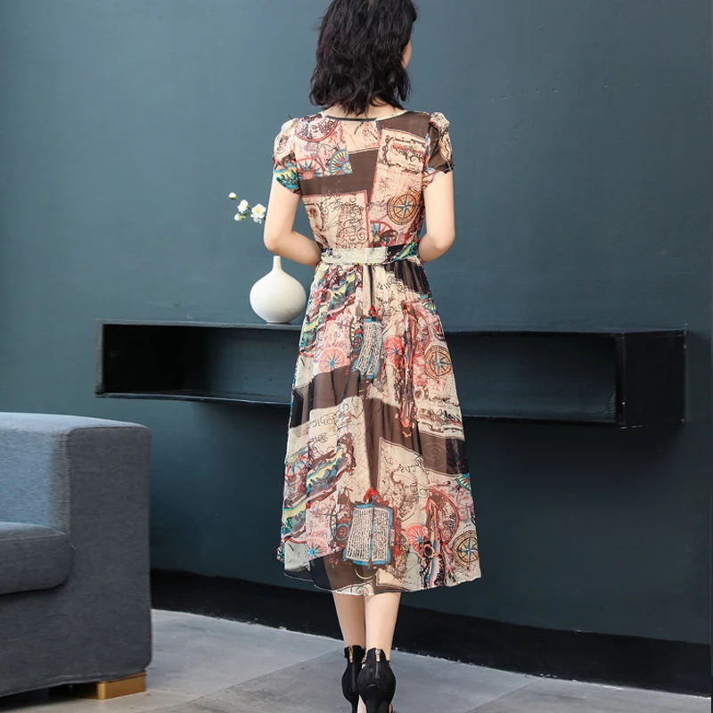 Летнее платье для женщин элегантное 100% натуральный шелк платья средней длины