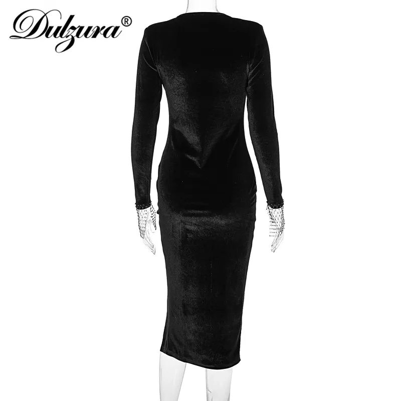 Dulzura 2021 Осень Зима Женское однотонное бархатное ажурное лоскутное платье с