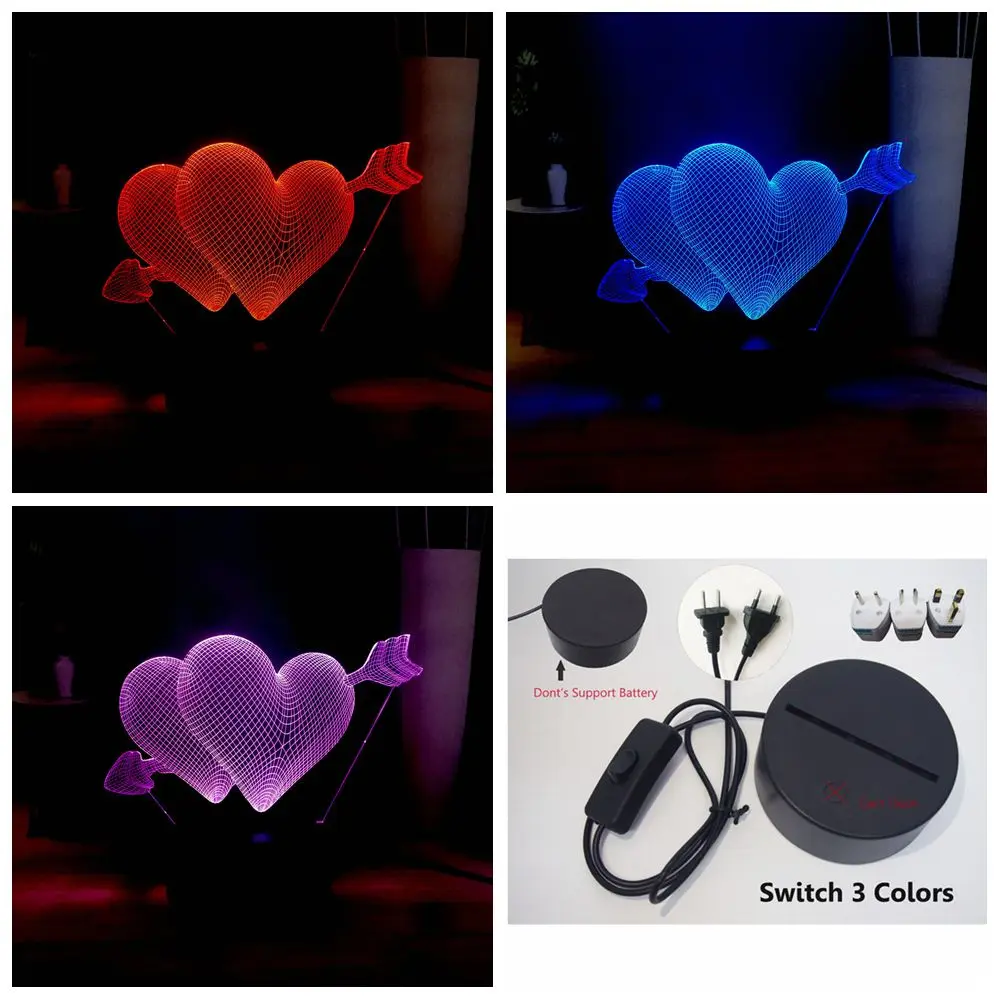 Switch 3 colors Романтическая 3D любовь стрелка через сердце светодиодный 7 красочная настольная лампа Свадебная атмосферная лампа USB мини прикроватная лампа подарок подруге - Испускаемый цвет: Switch 3 colors
