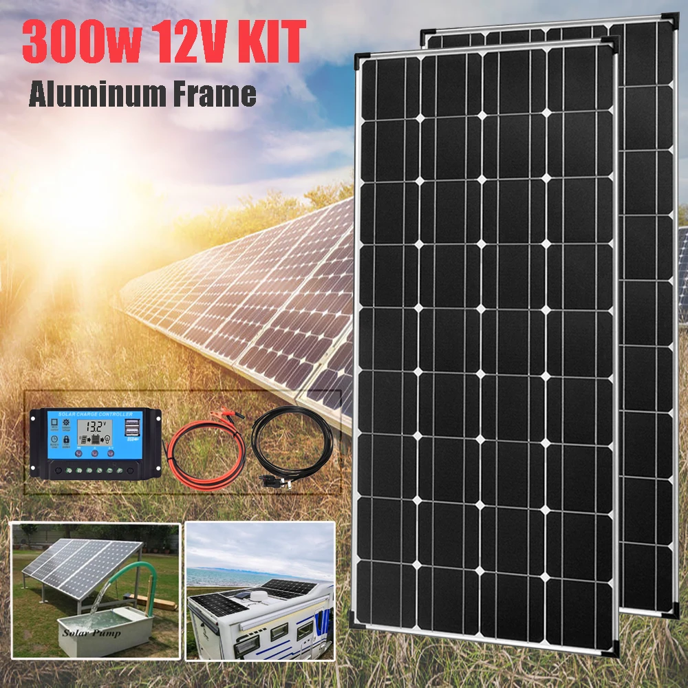 

solar panel 12v 24v 300w battery charger kit PV system extension cable 1000w 220v inverter for car boat camping TV refrigerator