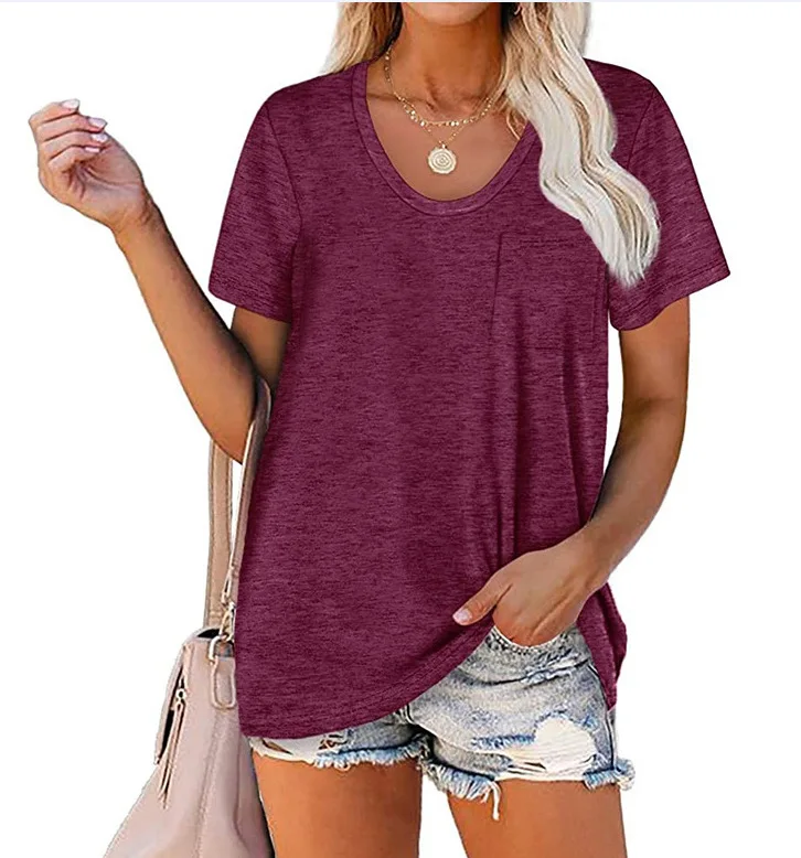 

2021 New Spring And Summer Loose Solid Color Base Shirt Pocket Shirt For Tee Shirt Femme Tshirt T Shirt Women T Shirt