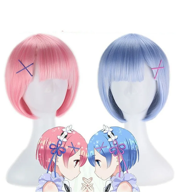 

Парик в стиле аниме для косплея, костюм на Хэллоуин, женский парик rem maid twins, синий красный парик для косплея