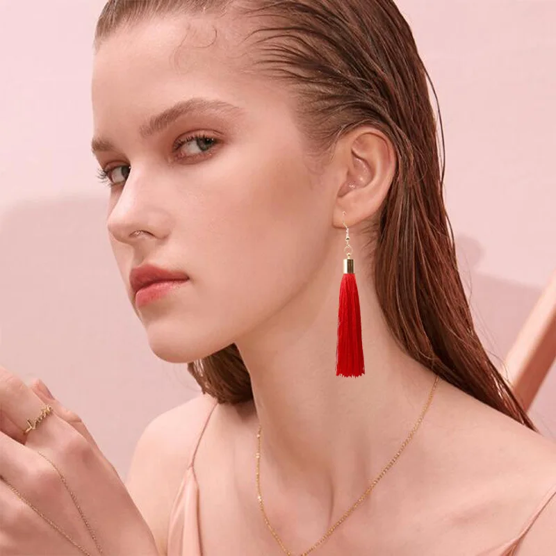 

Vintage Ethnic Long Tassel Drop Earrings for Women Lady Fashion Bohemian White Red Silk Fabric Dangle Earring Indian Jewelry