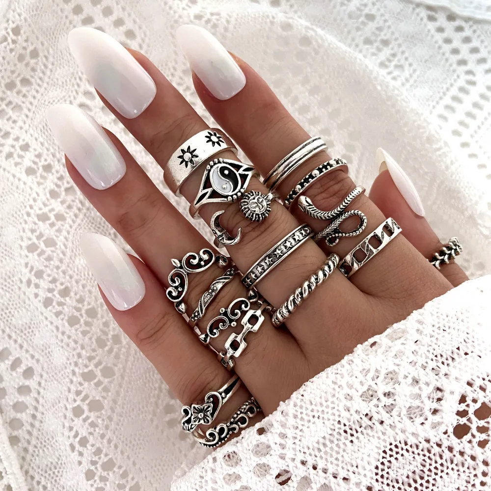 

16 PCS Personality Retro Trend Ring Sun Snake Chain Rings Woman Stainless Steel Accessories Reception Wedding Party Jewelry