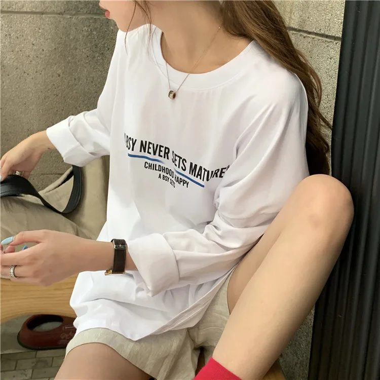 

Qooth Harajuku Spring T Shirt Women Fashion Letter Printed T-shirt Tee White Black Tops Casual Female T-shirt QT136