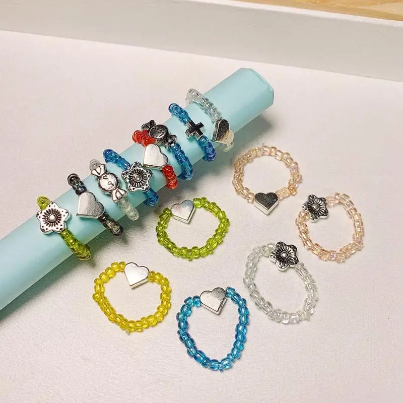 

Elastic Finger Ring For Women Colorful Bead Flower Heart Round Handmade Beaded Ring Knuckle Ring For Girl 2020 Jewelry Gift