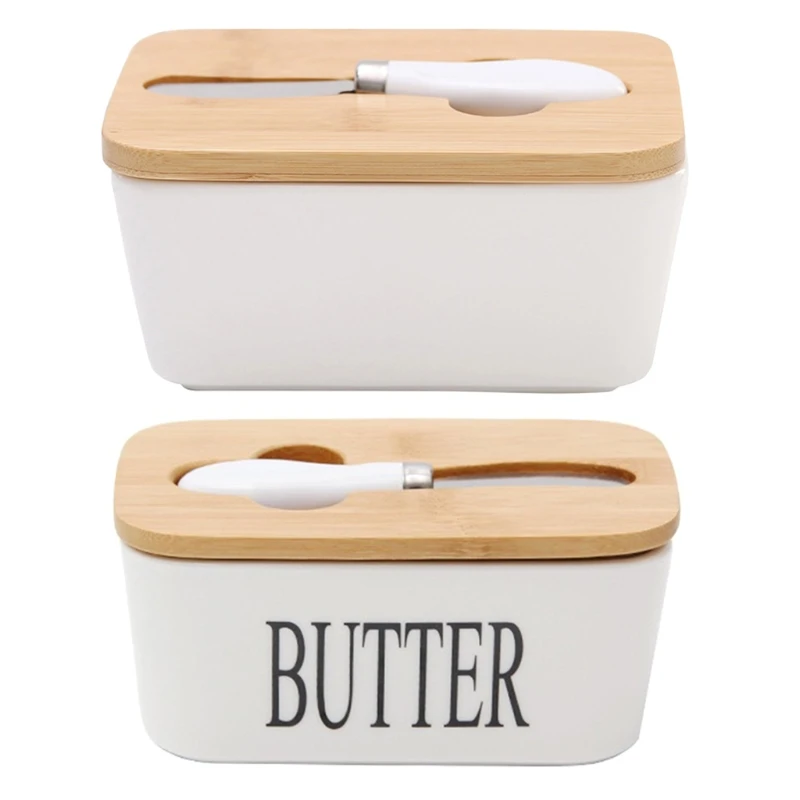 

Nordic Porcelain Butter Dish Plate Sealing Box Wooden Lid Knife Cheese Storage