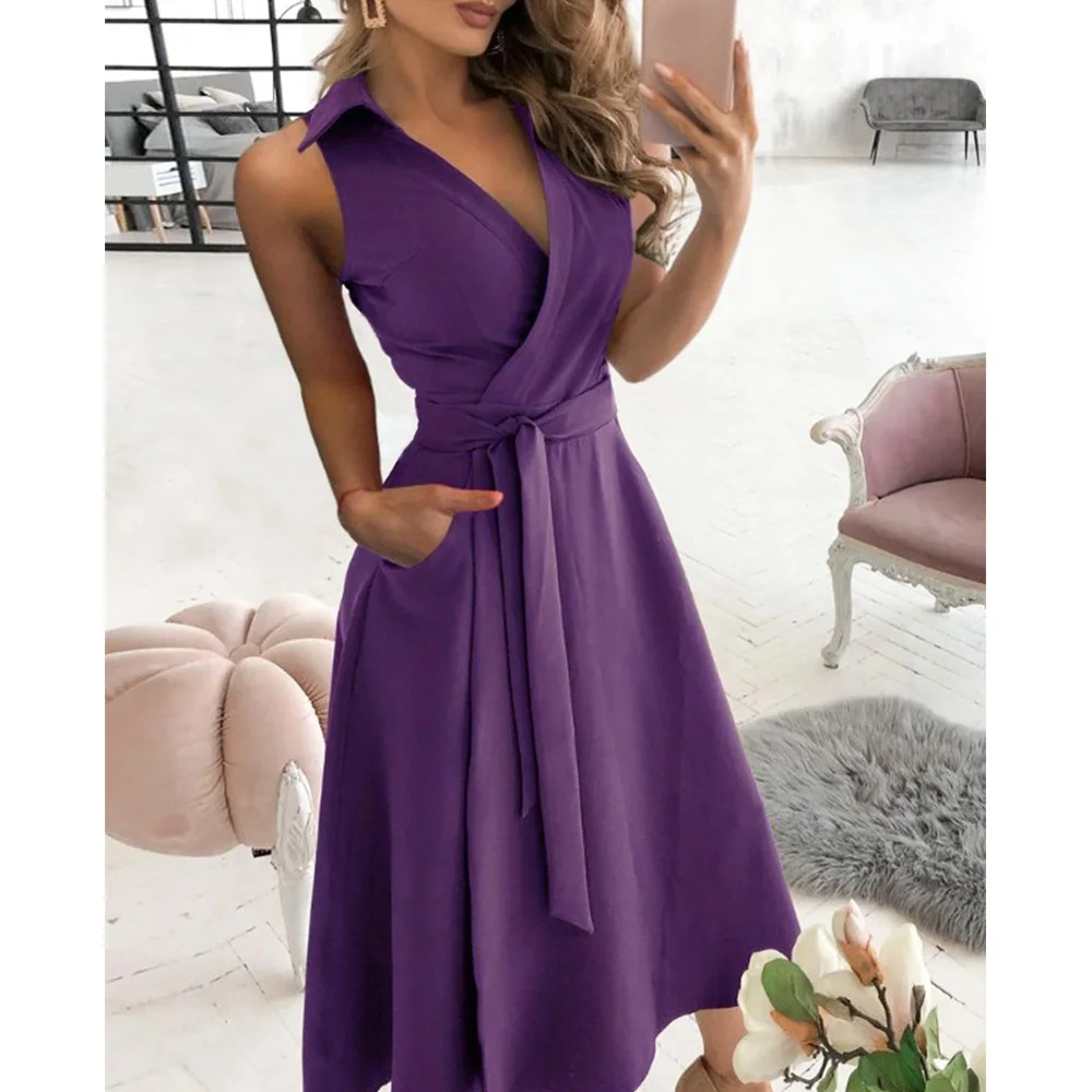

Women Sleeveless Solid Shirt Dress Midi Summer Dress Turn Down Collar Bandage Bodycon Dress Office Lady Elegant Dress