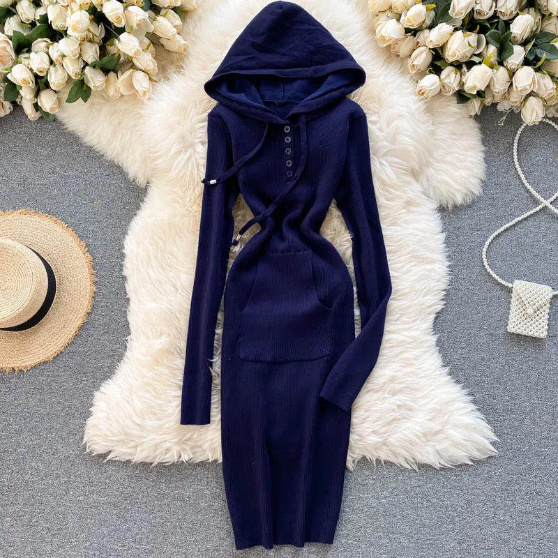 

Women's autumn winter slim elastic knitted hooded dress female winter elegant basic pencil dress TB1141