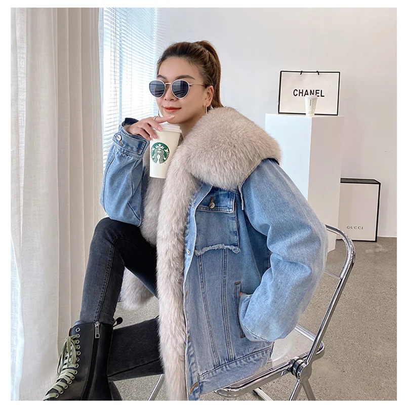 

SHZQ Winter Women Parkas with Real Big Fox Fur Collar Trim Denim Loose Fashion Fur Detachable Rabbit Lining Parka Duck Down Coat