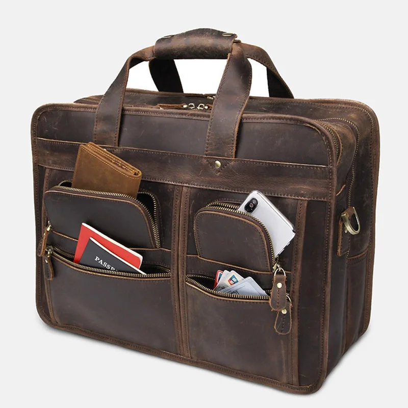 Men Briefcase Crazy Horse Genuine Leather 17" Vintage Big La