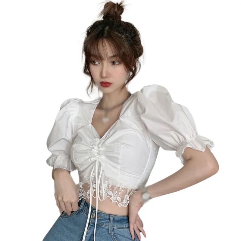 

Female Summer Korean Style Solid Shirts Sexy Square Collar Short Sleeves Blouse Lace Short Tops blusas y camisas chemise femme