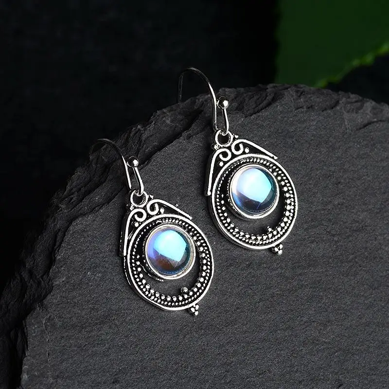 New Ethnic Bohemia Dangle Drop Moonstone Earrings For Women Tibetan Rhod Earring Vintage Earings Fashion Jewelry Party Gifts | Украшения и