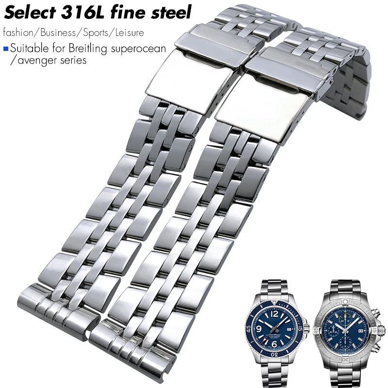 

22mm 24mm Stainless Steel Watchband Suitable for Breitling AVENGER Pilot SuperOcean Solid Bracelets Silver Strap Folding Clasp