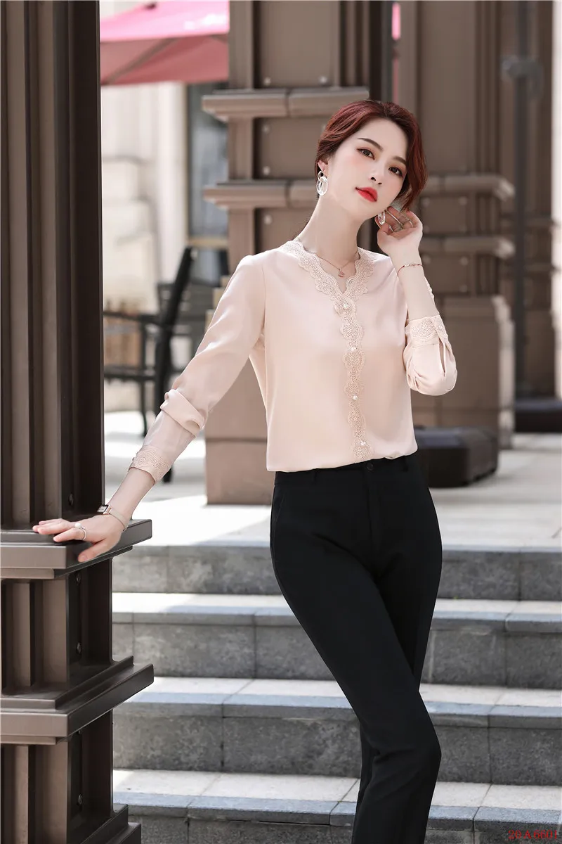 Женская офисная блузка с V-образным вырезом и длинным рукавом | одежда