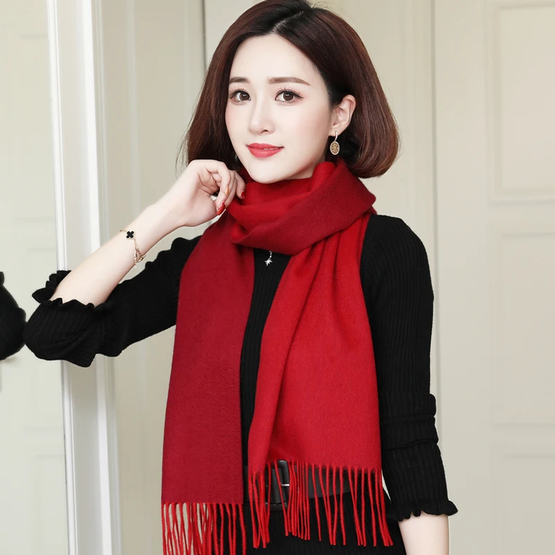 

Wool scarf women's autumn and winter solid color double-sided versatile to keep warm White