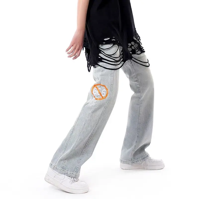 

Hip-hop Rainbow Alphabet Embroidery Jeans Mens Washed Distressed High Street Retro Denim Trousers Straight Loose Casual Pant