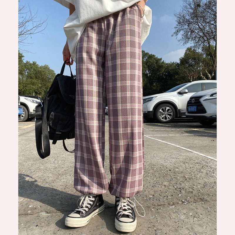 

Women's trousers korean Summer 2021 Japanese art Plaid Pants Ladies Casual Loose Wide-Leg Pants Harajuku straight trousers