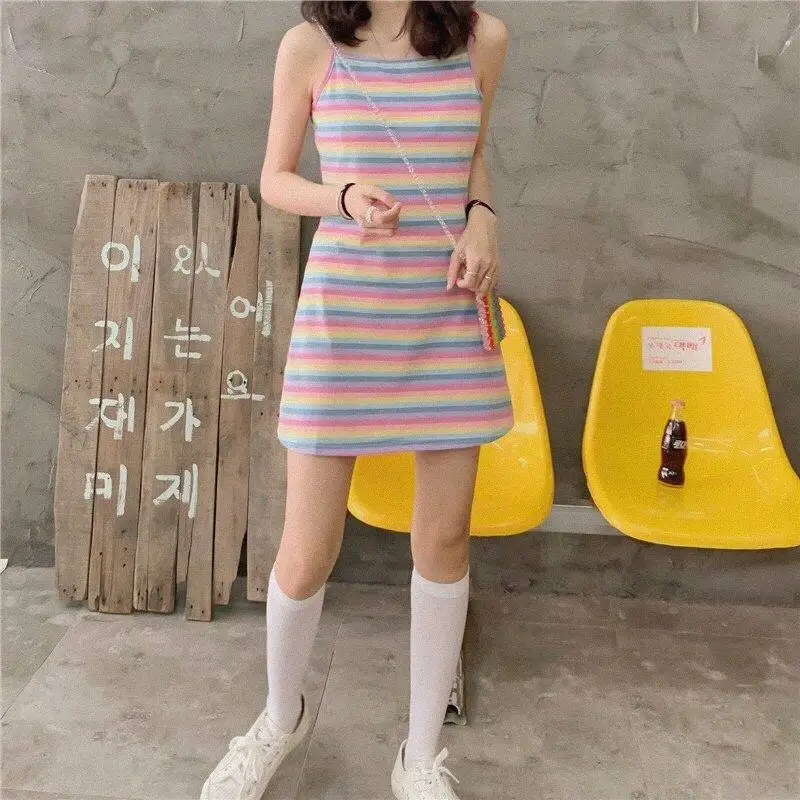

Ice silk suspender dress female 2021 summer dress new slim fashion Rainbow Stripe suspender skirt female student