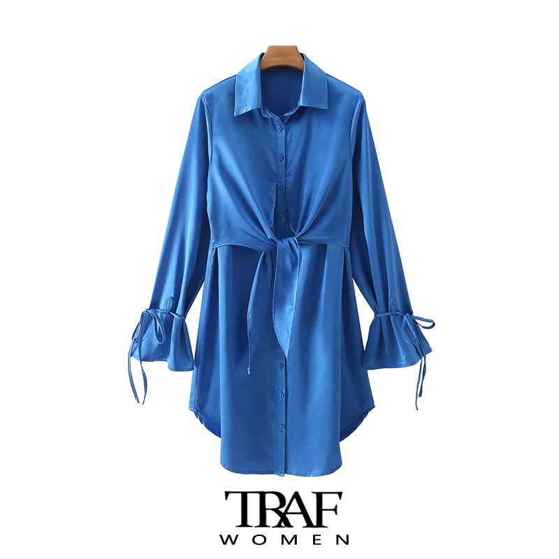 

TRAF Women Fashion With Bow Tied Soft Touch Mini Shirt Dress Vintage Long Sleeve Button-up Female Dresses Vestidos