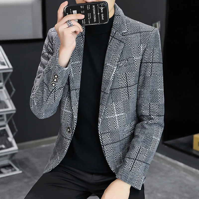 Мужской клетчатый шерстяной Блейзер приталенный Молодежный Повседневный на