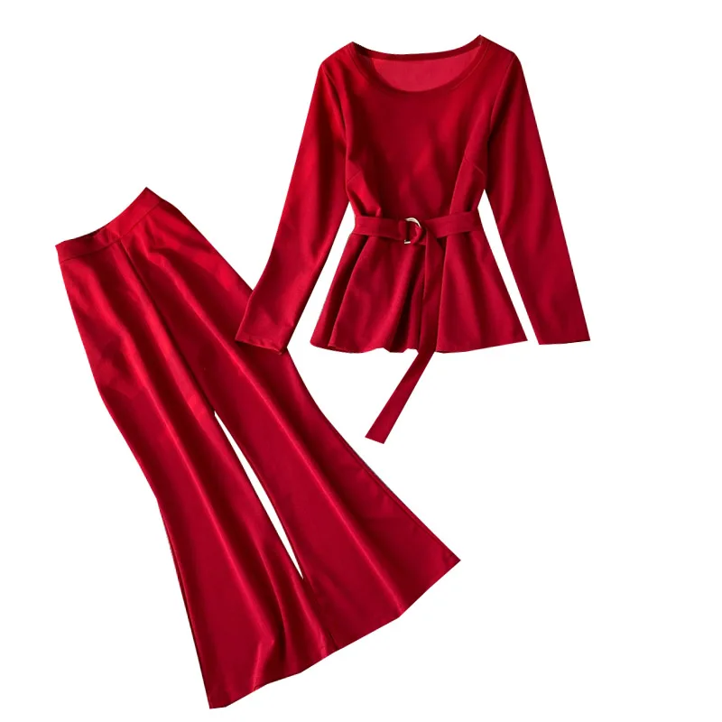 ALPHALMODA модный костюм с длинными рукавами пуловер пояс-кушак наряд+ расклешенные ноги дамы 2 шт брюки костюмы сплошной осенний комплект одежды