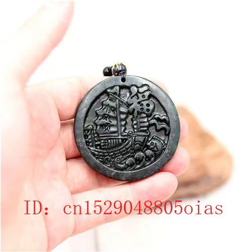 Китайский натуральный черный зеленый нефритовый кулон парусник ожерелье с