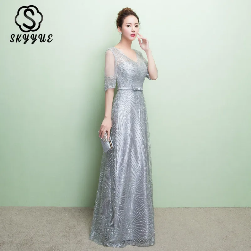 

Evening Gowns Skyyue K218 Elegant V-neck Half Sleeve A line Formal Evening Dresses Shining Glitter Zipper Long Robe De Soiree