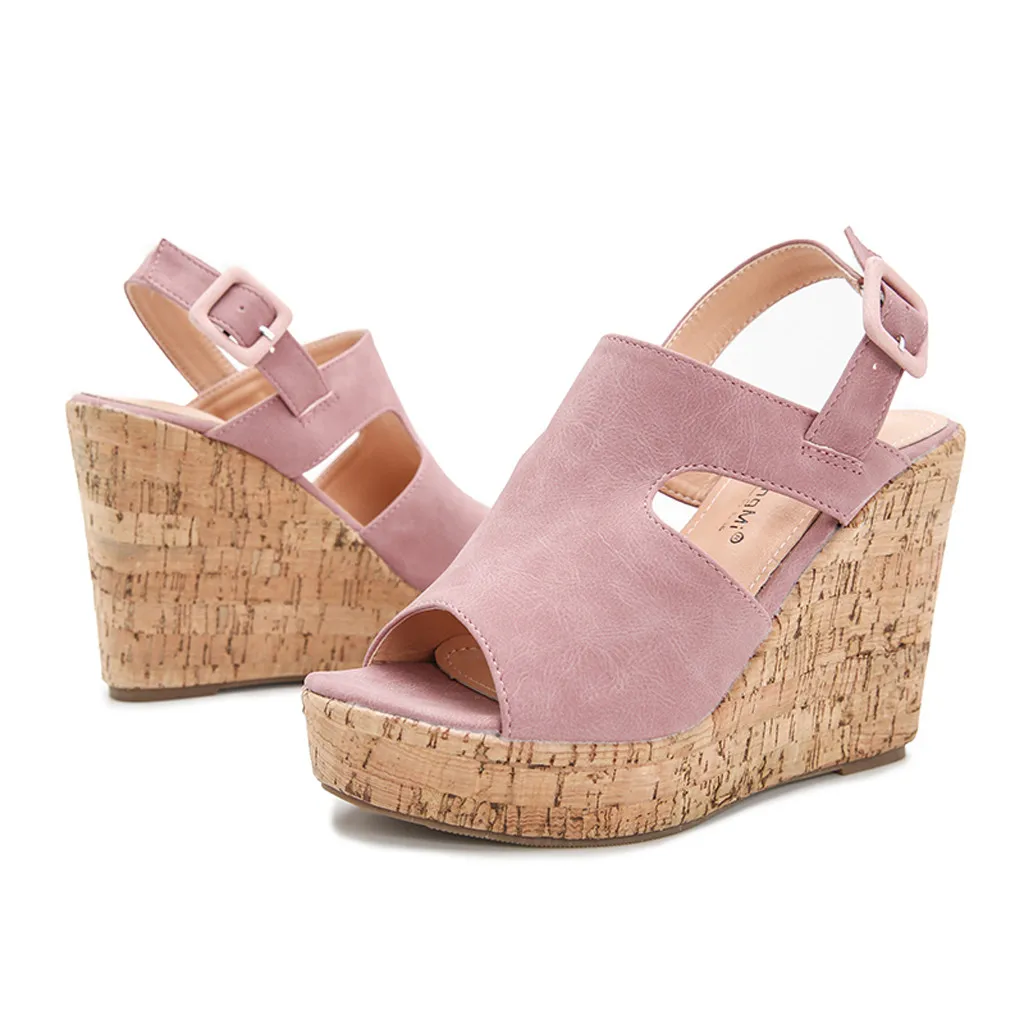 

Women Summer Sandals Open-toe Hollow Platform Wedges Shoes Belt Buckle Ladies Fish-mouth Sandals Summer Wedges High Heels