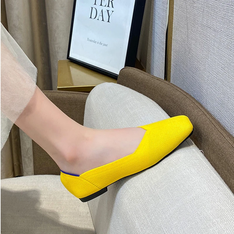 Women's Flat Shoes Breathable Ballet Shoes Shallow Knit Square Shoes Moccasin Mixed Color Soft Pregnant Shoes Zapatos De Mujer