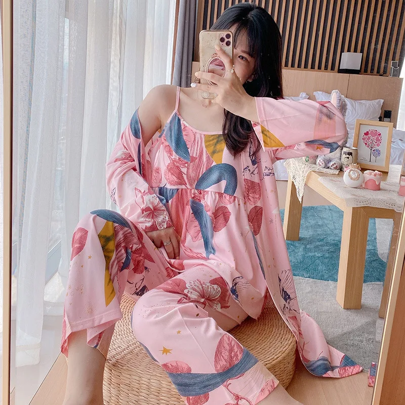 

New Kimono Milk Silk Fancy Print Party Sleepwear Leisure Women Kawaii Pajamas 3 Pieces Sexy Sling+Pants+Robe Sets Soft Home Suit