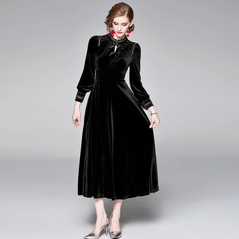 Женское зимнее бархатное платье макси с длинным рукавом черное вечерние нное