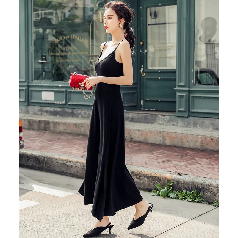 Платье женское длинное с разрезом пикантный Ретро сарафан на бретелях-спагетти