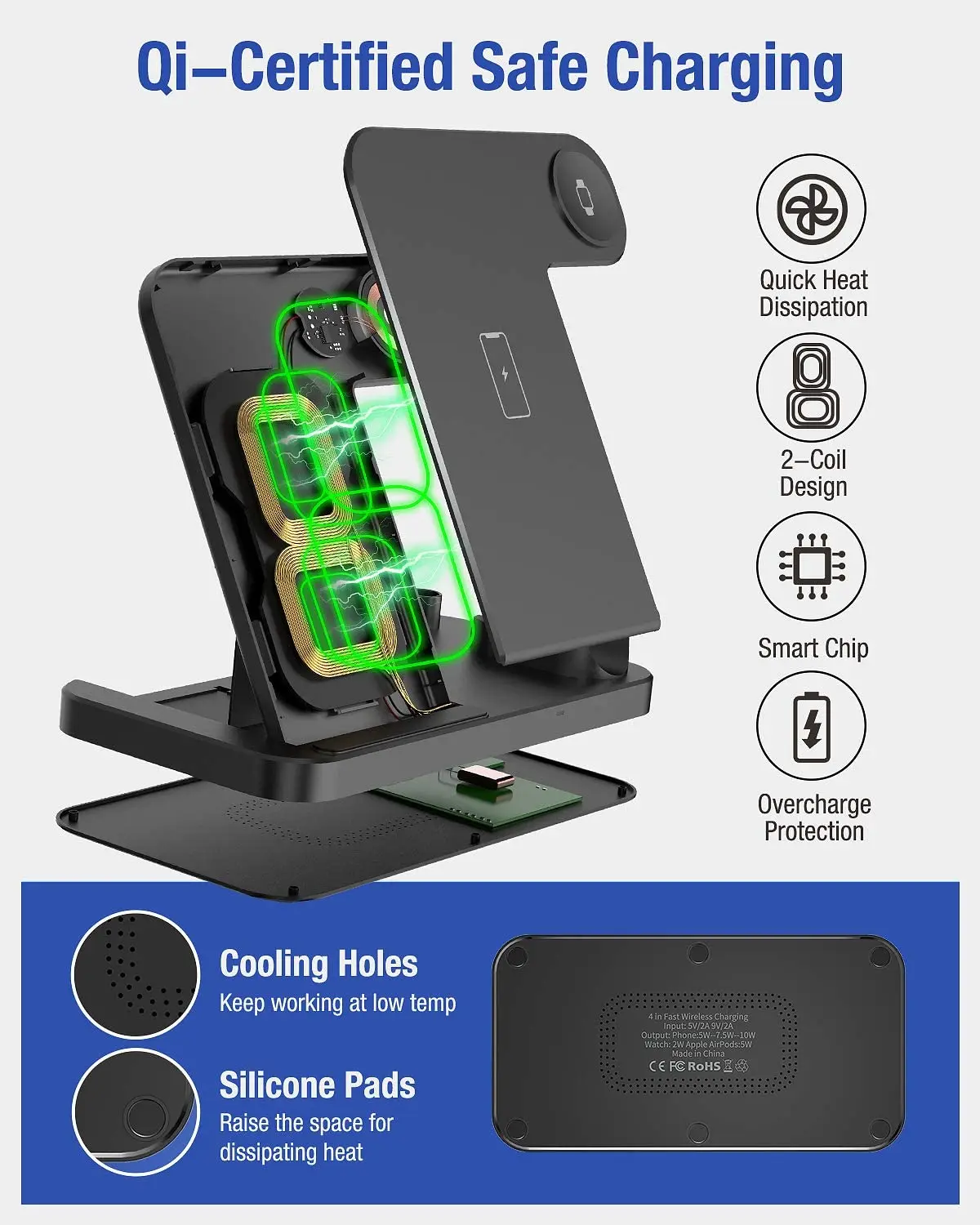 wireless charger station 4 in 1 qi fast charging stand dock for apple watch iwatch 7 6 se airpods pro iphone 13 12 11 xs xr x 8 free global shipping