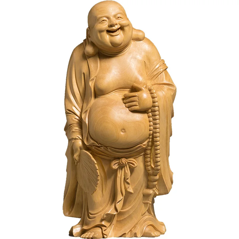 Статуя Будды Boxwood Maitreya из мифологии Смеющийся Будда с веером Скульптура Подарок